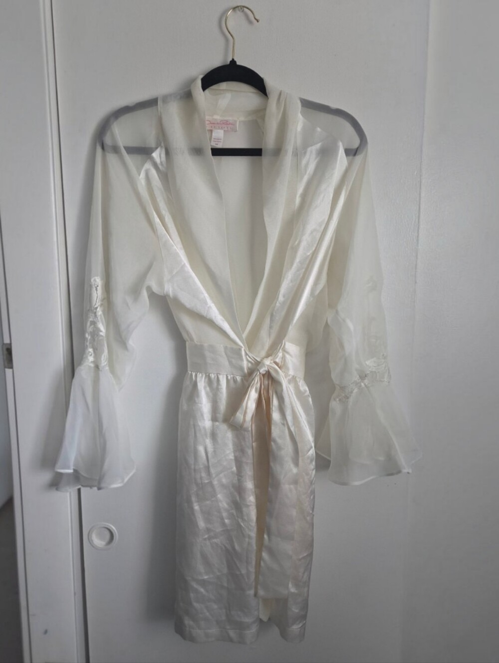 Vintage Oscar de la Renta Satin and Sheer Embroidered Tie-Waist Robe